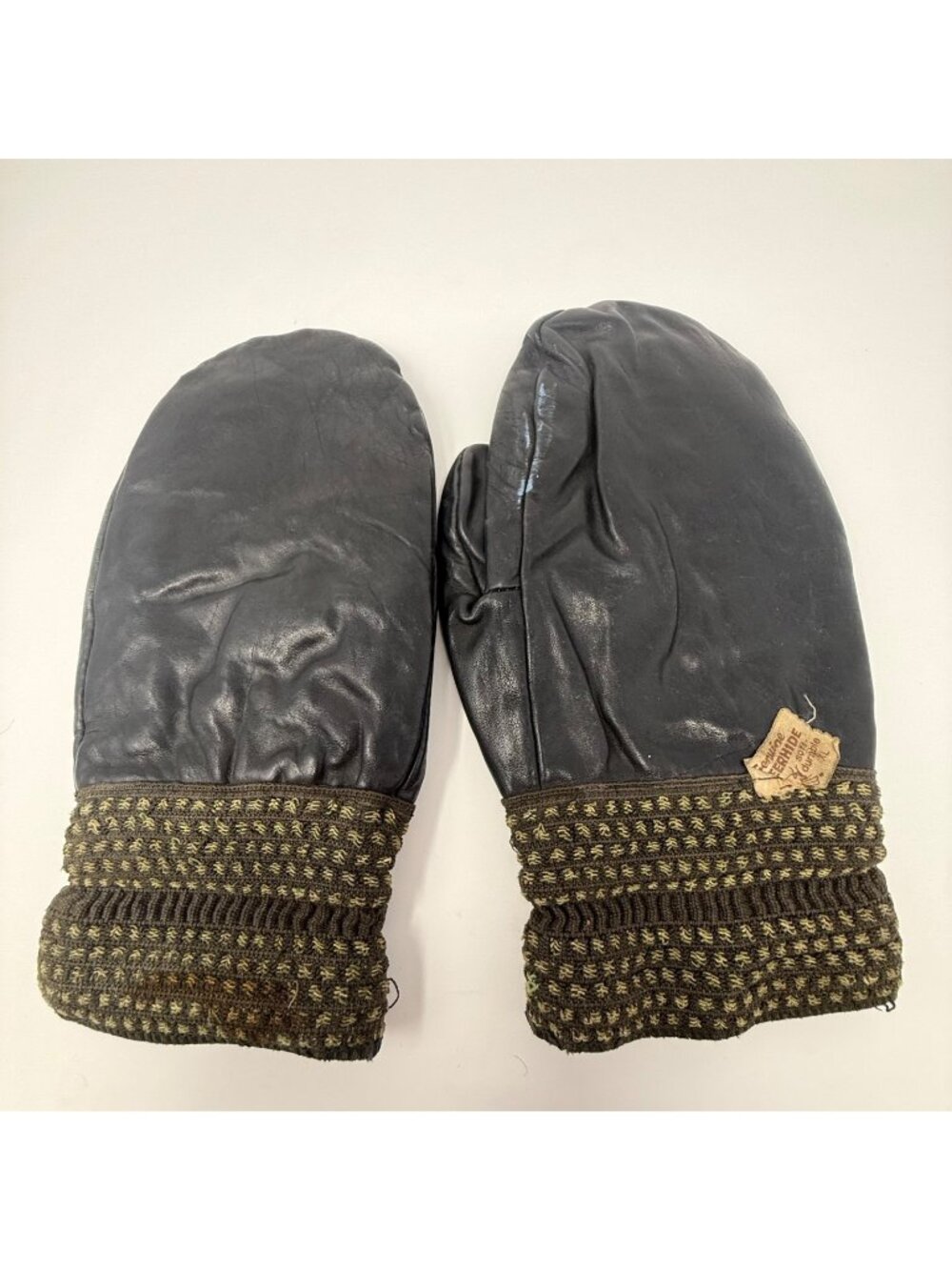 Vintage Deerhide Leather Mittens XL Black Unlined Knit Cuff Winter Cabin Outdoor